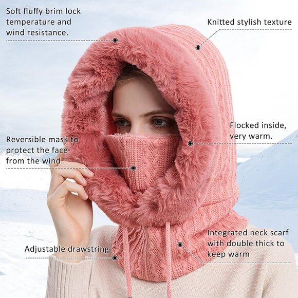 Women Skin Pink Polyester Warm Thick Fluff Beanie Neck Face Winter Balaclava - Picture 2 of 7
